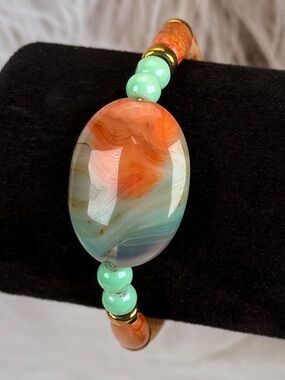 Natural Agate Beaded Bracelet Aqua Orange Gemstone Toggle Clasp Boho